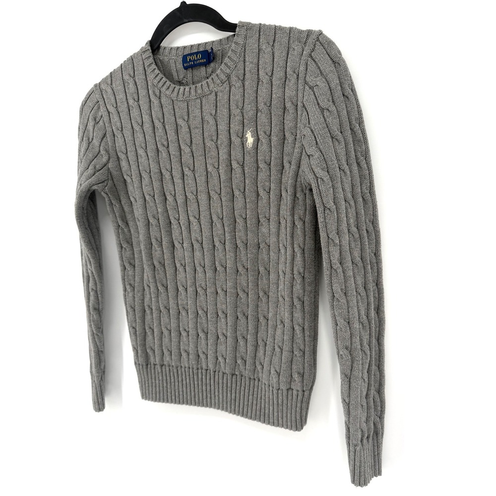 Polo Ralph Lauren Sweater Cable Knit SP Gray Cotton Crewneck Pullover Preppy